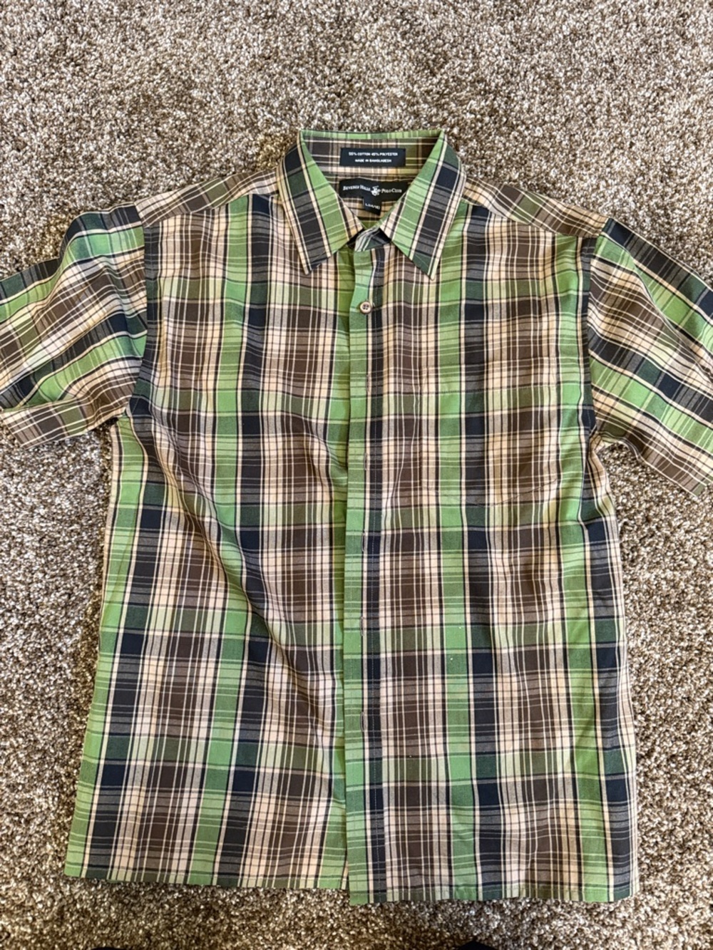 Beverly Hills Polo Club Green Brown & Navy Plaid Short-Sleeve Button-Down Shirt
